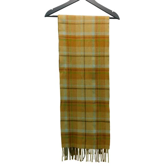 Cashmere 100%  Plaid Scarf Fringe with tones of Yellow, Brown, Cream and Green - Picture 11 of 11